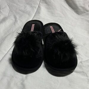 Victoria's Secret Black Furry Pom Pom Slippers
